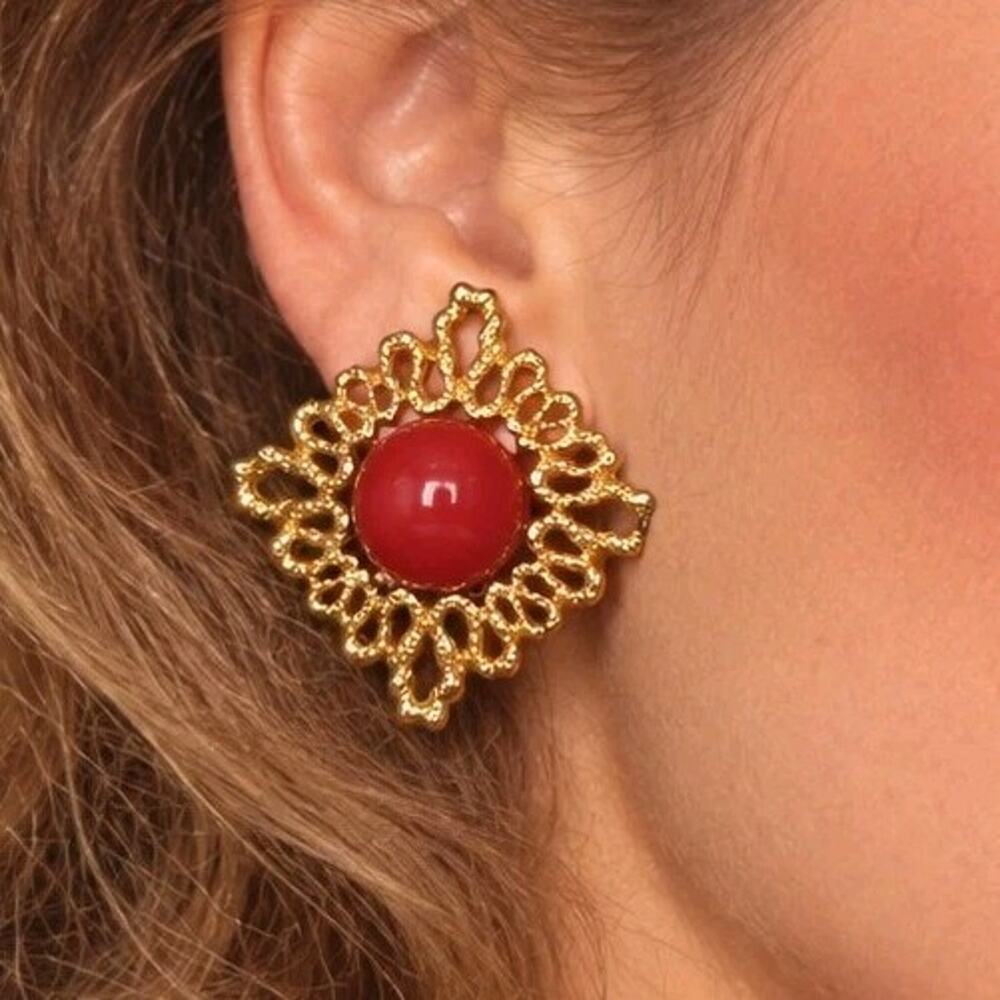 Vintage AVON Earrings Large Brutalist Red Lucite Cabochon Clip Earrings 1.25"